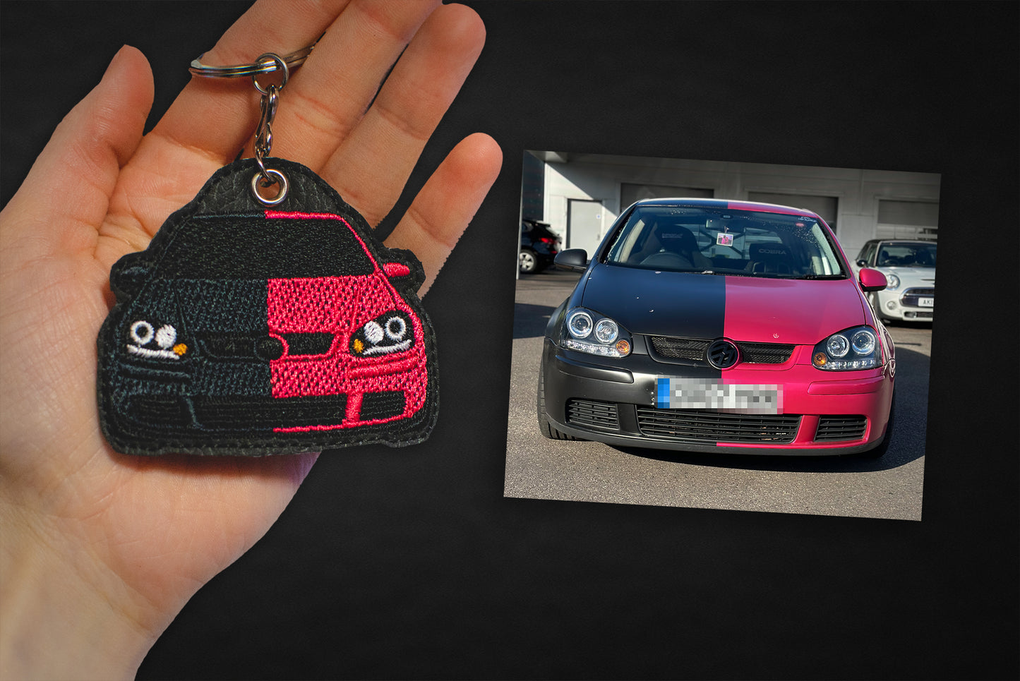 Zdjęcie produktu haftowanego breloka EnczArts CUSTOM na zamowienie ze zdjecia Volkswagen Golf V