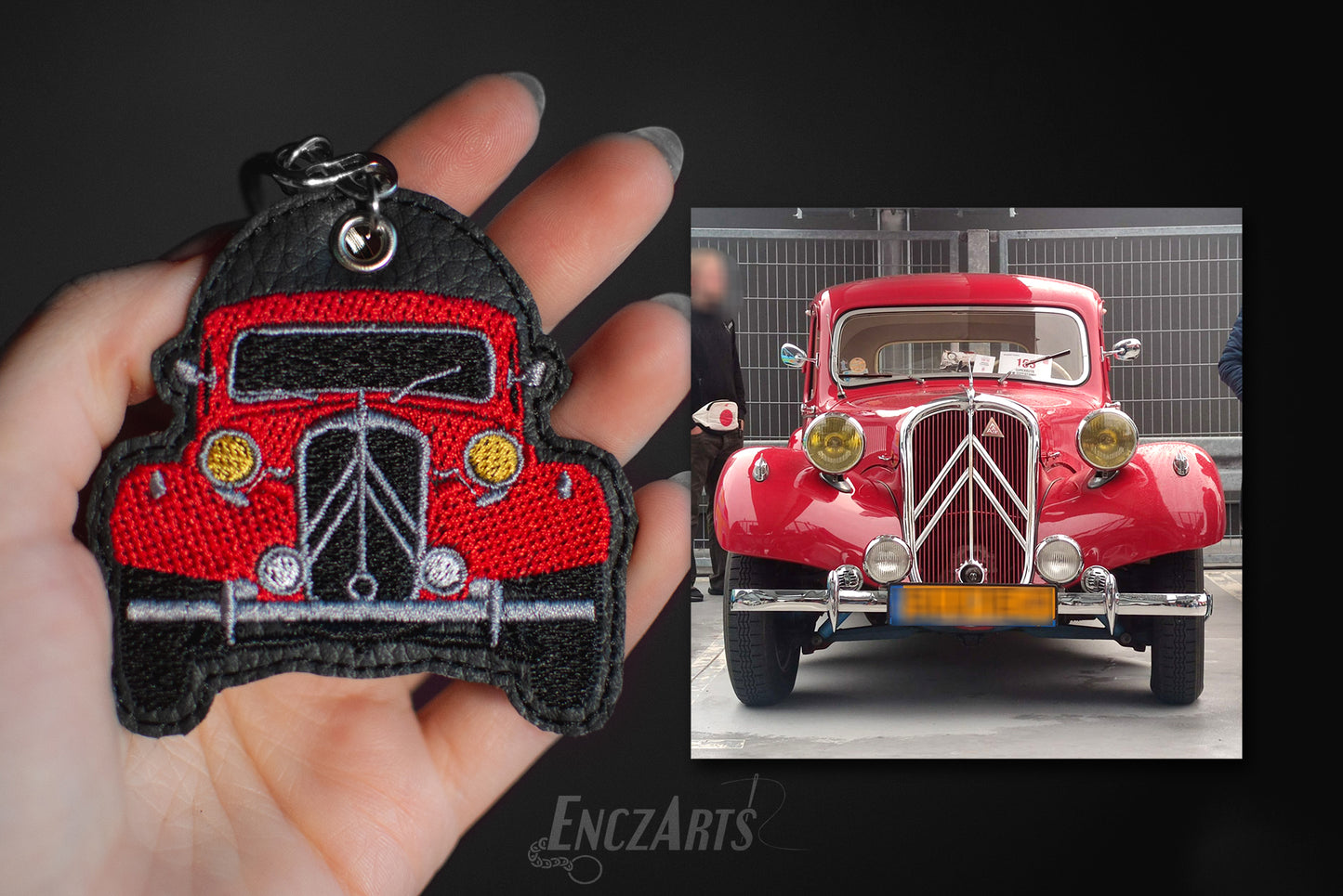 Zdjęcie produktu haftowanego breloka EnczArts CUSTOM na zamowienie ze zdjecia Citroen Traction Avant