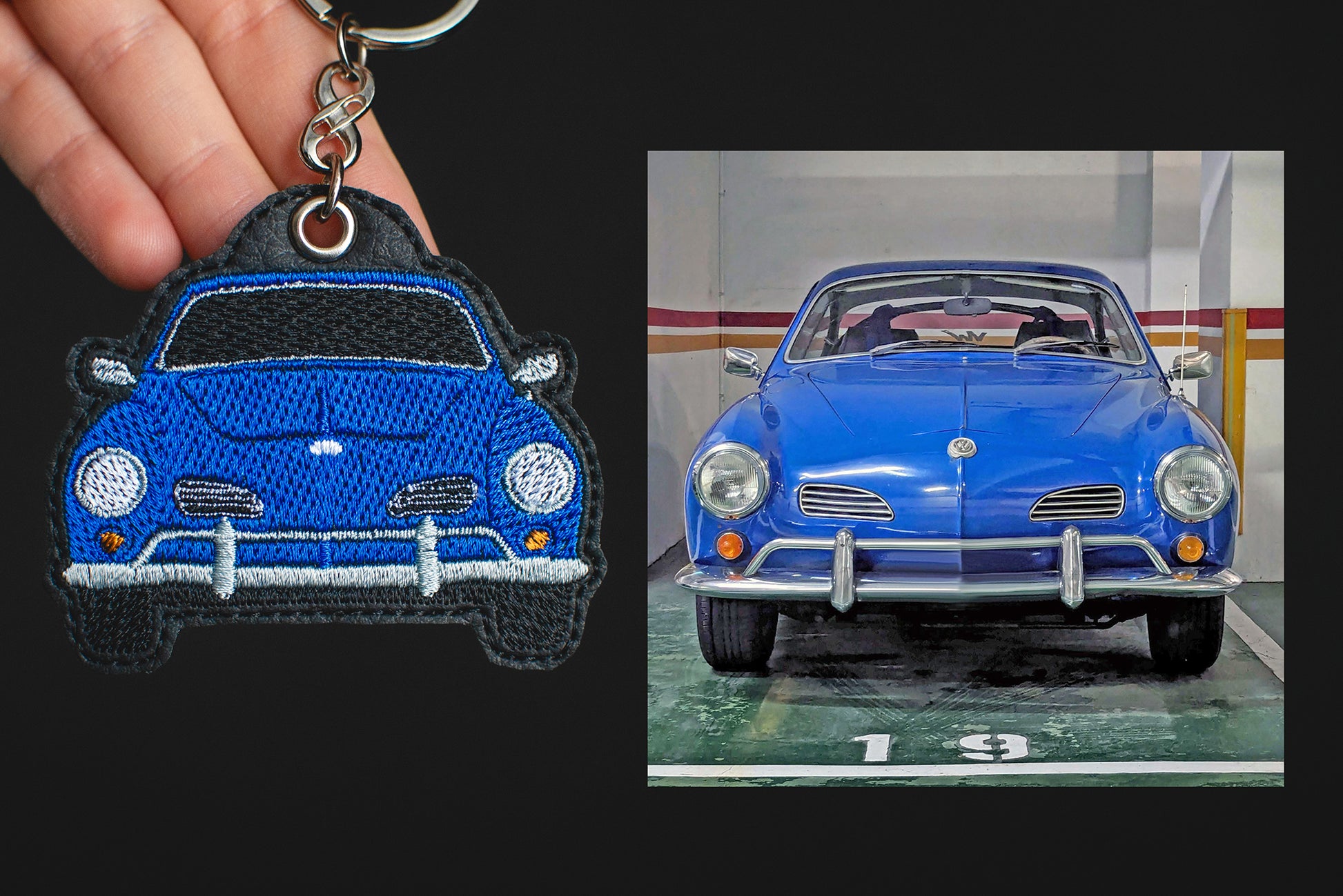 Zdjęcie produktu haftowanego breloka EnczArts CUSTOM na zamowienie ze zdjecia Volkswagen Carman Ghia