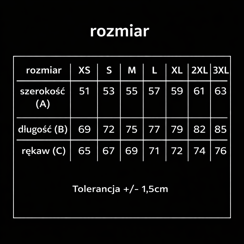 Tabela rozmiarów dla bluzy premium z wzorem haft na zamówienie