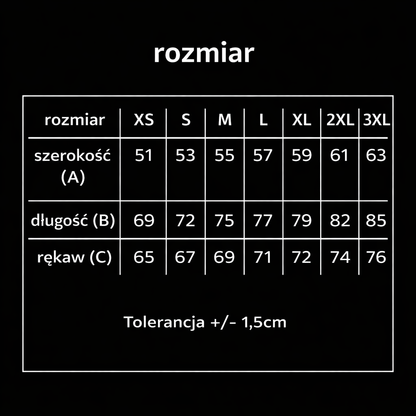 Tabela rozmiarów dla bluzy premium z wzorem haft na zamówienie